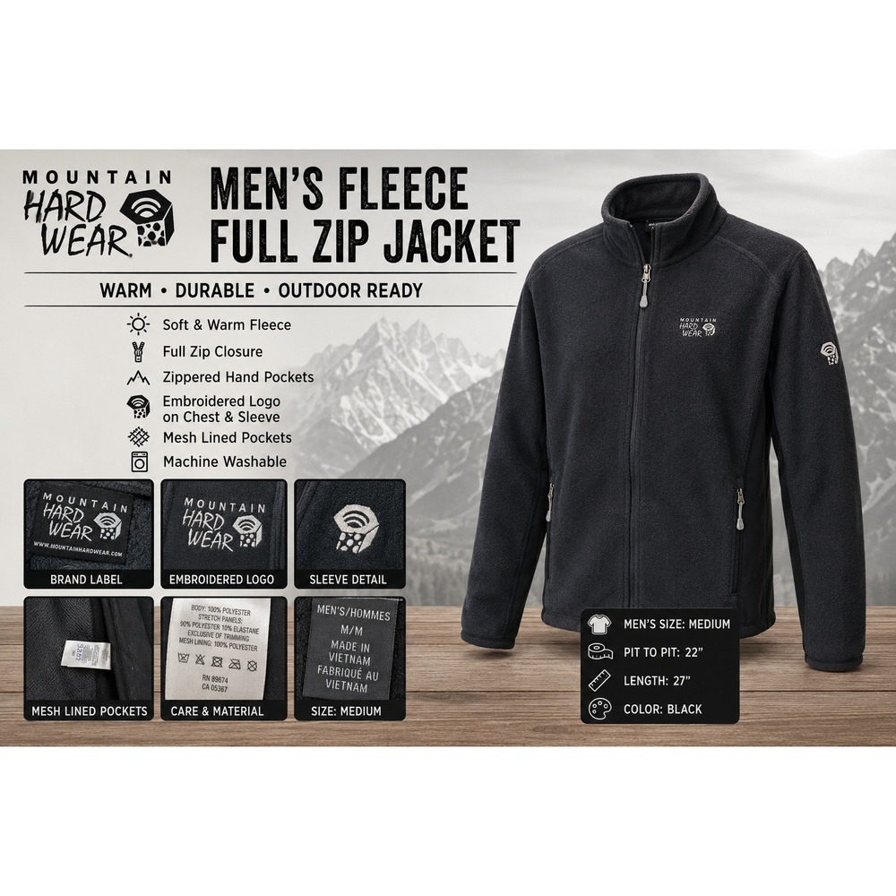 Mountain Hardwear Mens Full Zip Fleece Jacket Black SOM4803 Medium Hiking Layer‎